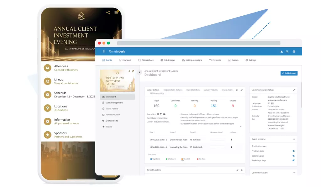 InviteDesk event management dashboard showing the Annual Client Investment Evening — with registration stats, ticket holders, and a branded mobile event app