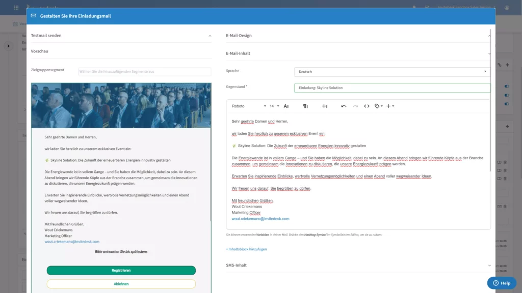 InviteDesk-E-Mail-Editor mit Einladungsdesign für eine Konferenz zum Thema erneuerbare Energien.