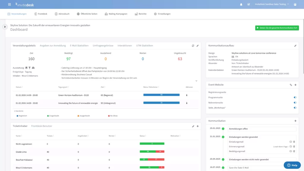 InviteDesk-Veranstaltungs-Dashboard mit Teilnehmerbestätigungen, Ticketstatus und Kommunikationseinstellungen.