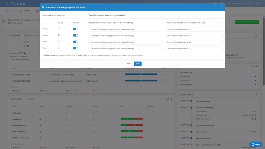 InviteDesk event dashboard showing communication language settings for multilingual invitations.