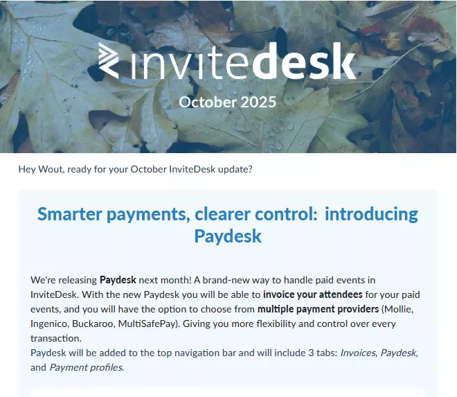 InviteDesk October 2025 newsletter announcing Paydesk for smarter event payments and invoicing.