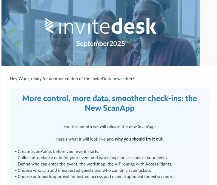InviteDesk September 2025 newsletter introducing the new ScanApp for smoother event check-ins and better data control.