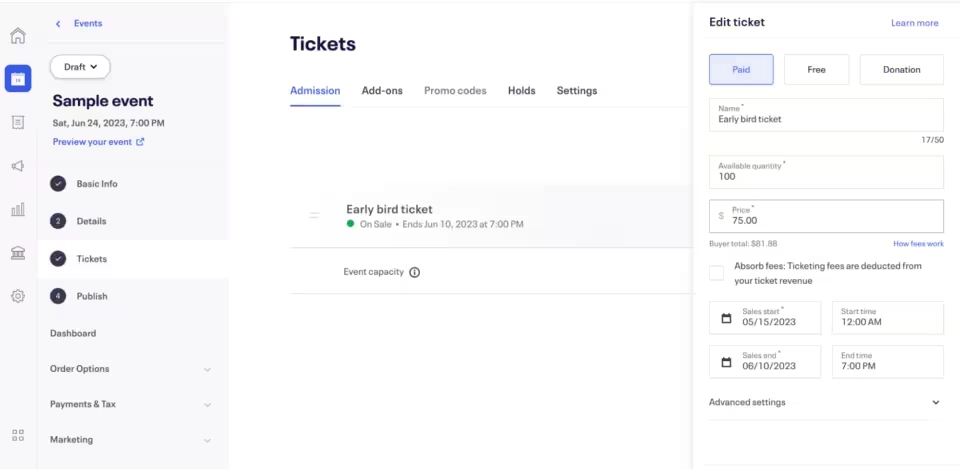 sample event tickets