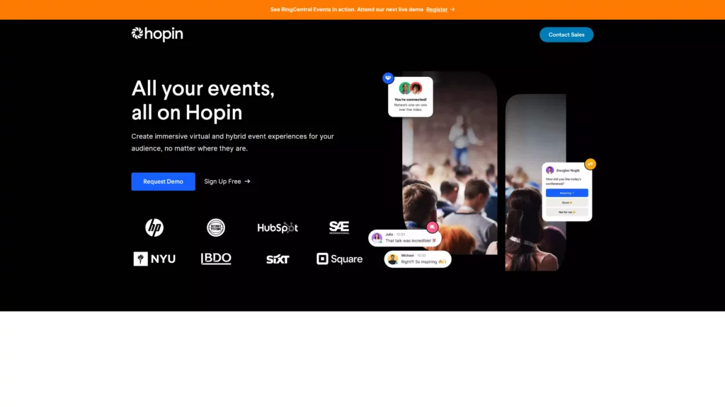 Hopin homepage promoting virtual and hybrid event platform with tagline ‘All your events, all on Hopin