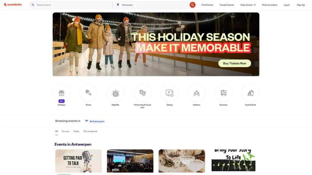 Eventbrite homepage featuring holiday season event promotion and event categories like music, nightlife, and business.