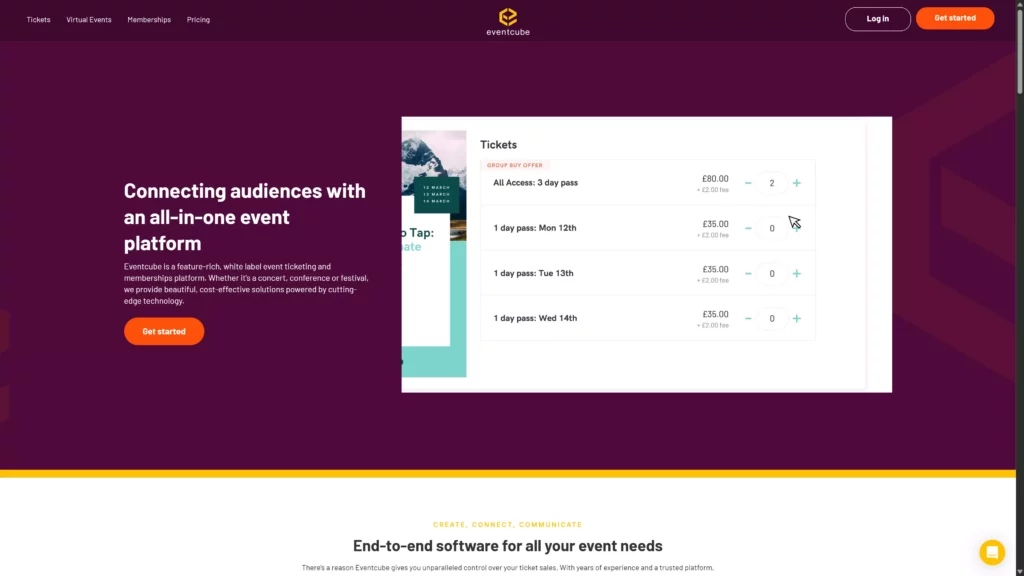 Eventcube Startseite zur All-in-One White-Label-Ticketing- und Mitgliedschaftsplattform.