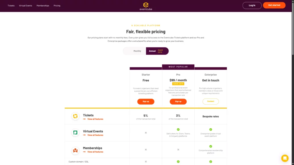 Eventcube Preisseite mit kostenlosem Starter-Plan, Pro ab 99 $/Monat und Enterprise-Tarifen.