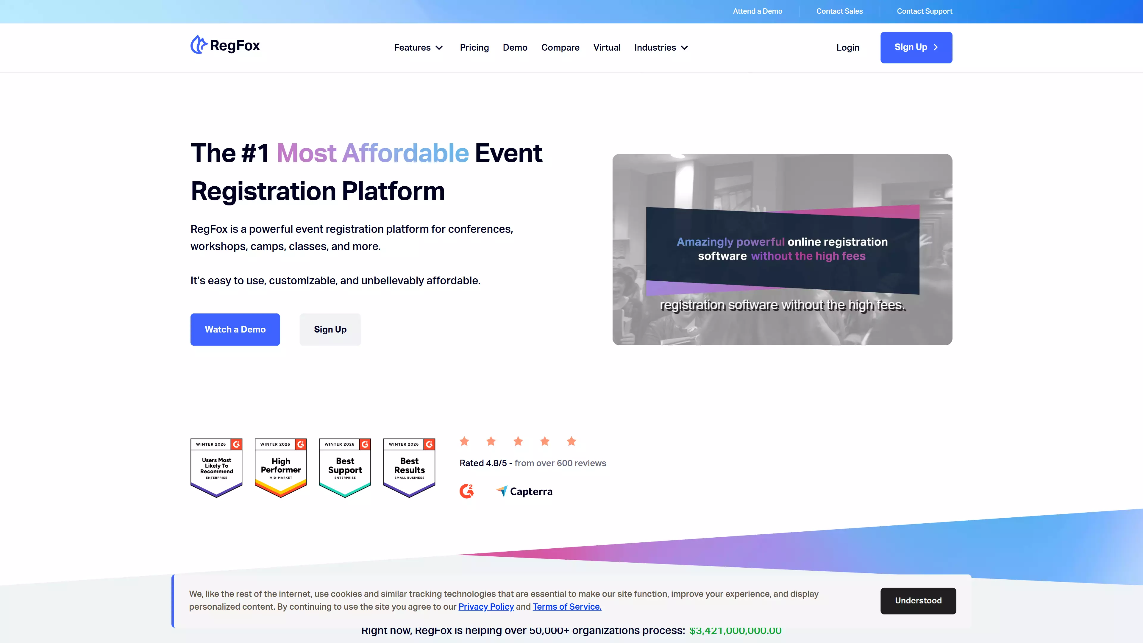 RegFox registration page builder showcasing customisable event forms and Salesforce integration for 2026 corporate events.