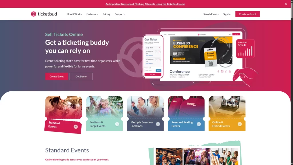 Ticketbud Startseite mit dem Slogan 'Get a ticketing buddy you can rely on'.