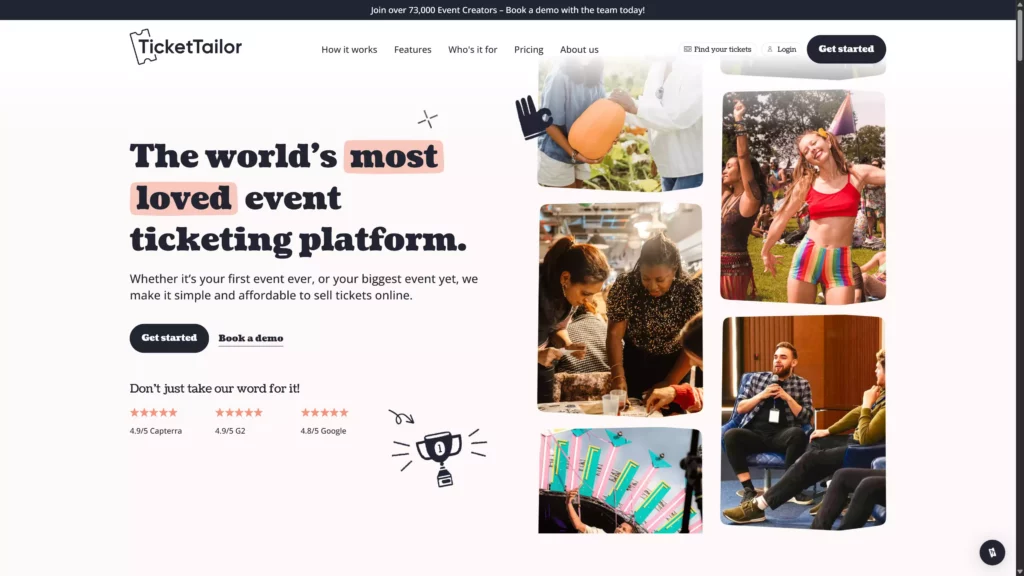 TicketTailor Startseite mit dem Slogan 'The world's most loved event ticketing platform'.