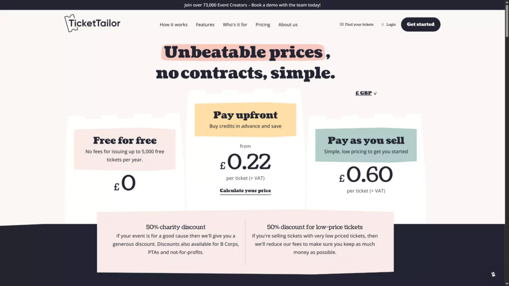 TicketTailor Preisseite mit Optionen für kostenlose Tickets, Vorauszahlung und Pay-as-you-sell.