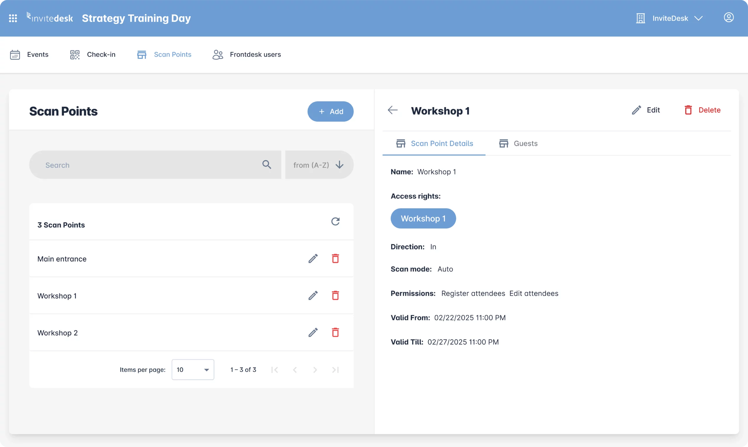 ScanApp-scanpunten voor een event: hoofdingang en twee workshops, met het toegangsrecht, de richting, de scanmodus en de geldigheid van Workshop 1