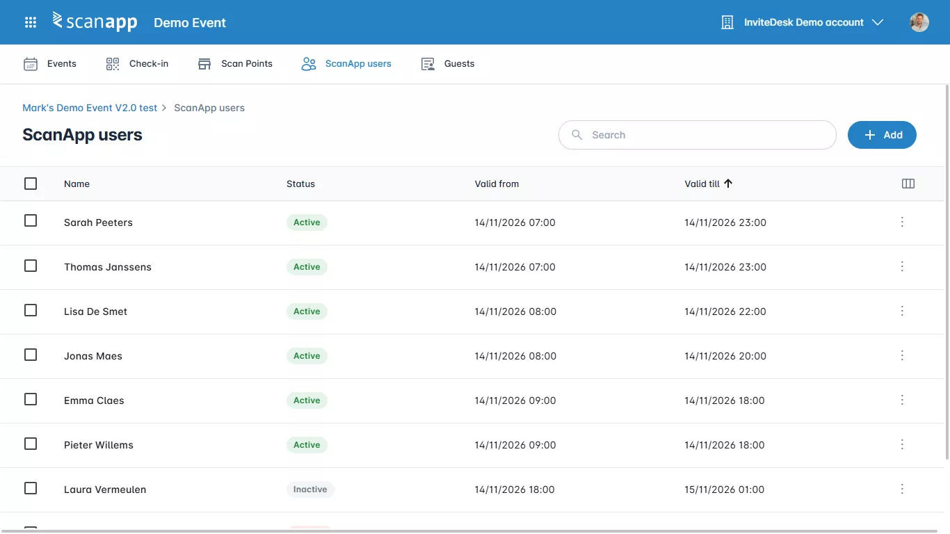 ScanApp-gebruikerslijst met extern personeel, hun status en de periode waarin hun toegang geldig is